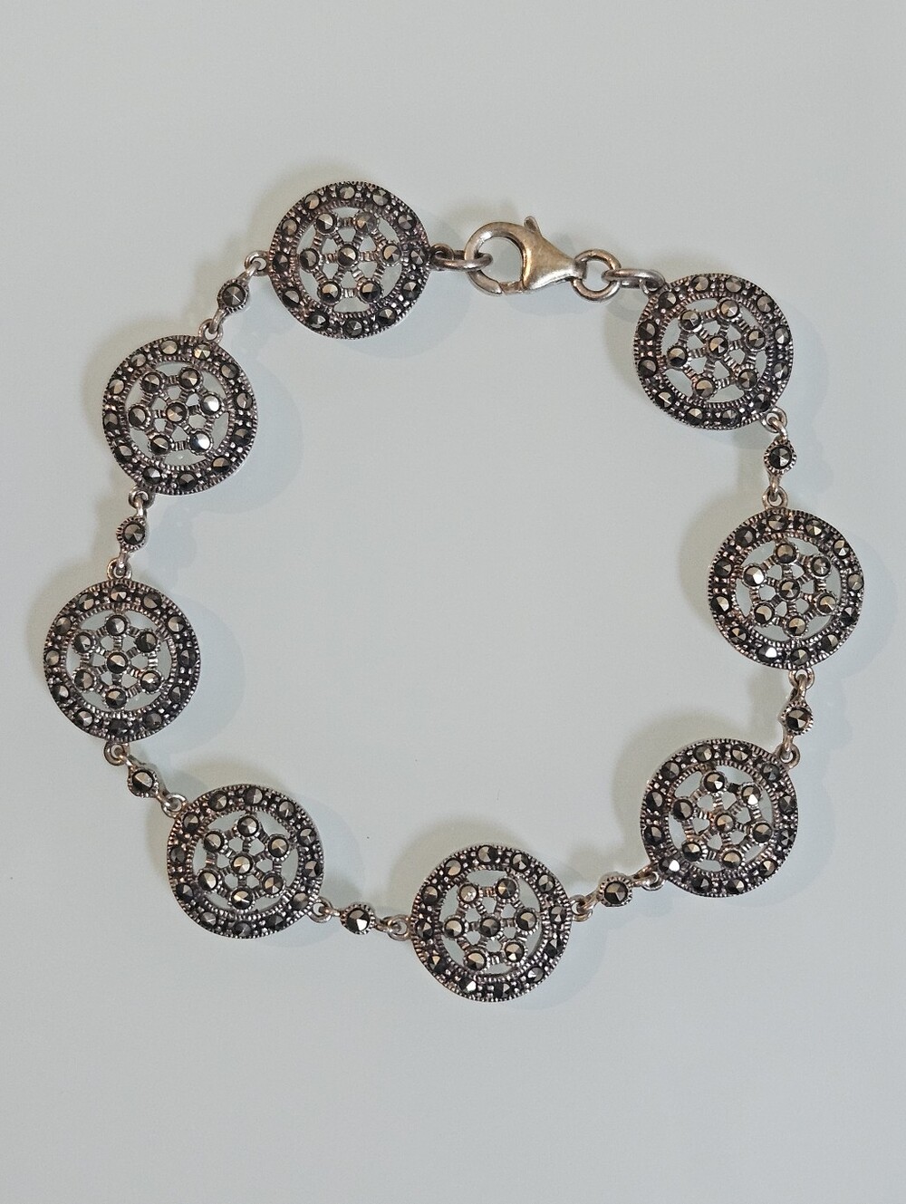 Sterling Silver Marcasite Round Open Work Vintage 925 Bracelet 7"